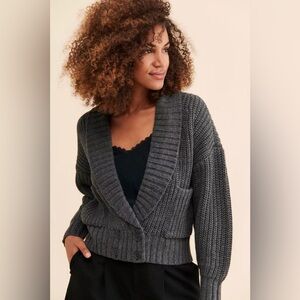 Anthropologie Deep V Neck Chunky Knit Wool Blend Charcoal Grey Sweater Size S